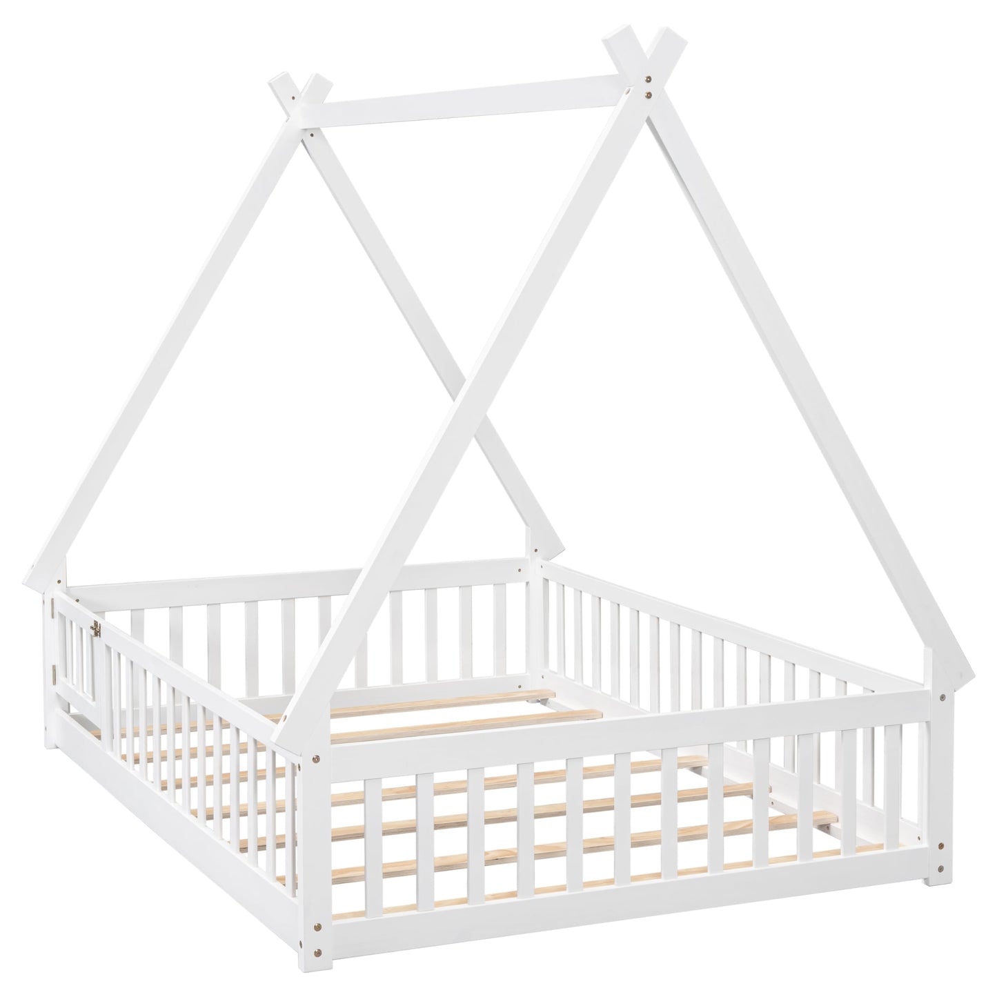 Full Size Teepee Tent Floor Bed with Guardrails & Door for Kids - White Wood Montessori Frame - WoodArtSupply