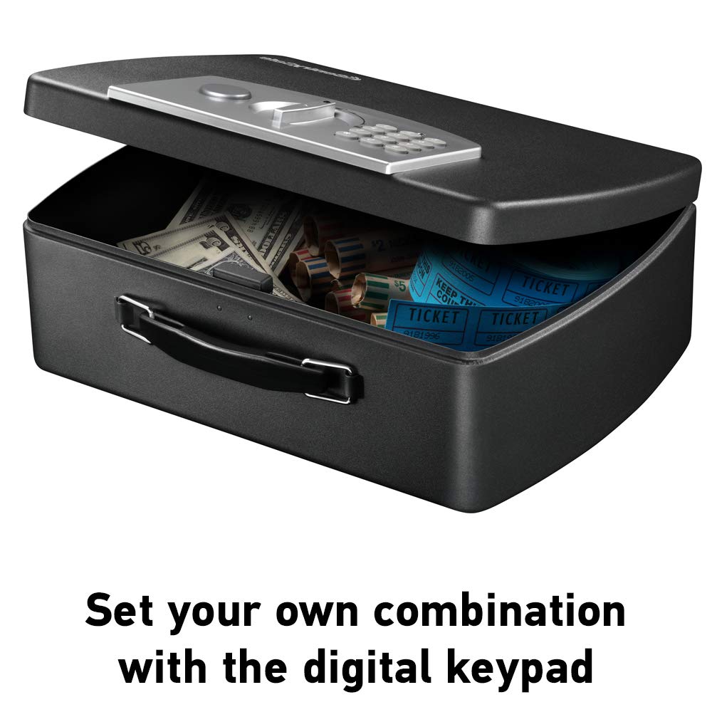 SentrySafe Portable Black Safe Box with Digital Keypad Lock, Small Steel Travel Safe with Carrying Handle for Money, Passport, 0.21 Cubic Feet, 4.4 x 13 x 10 Inches, P021E SentrySafe