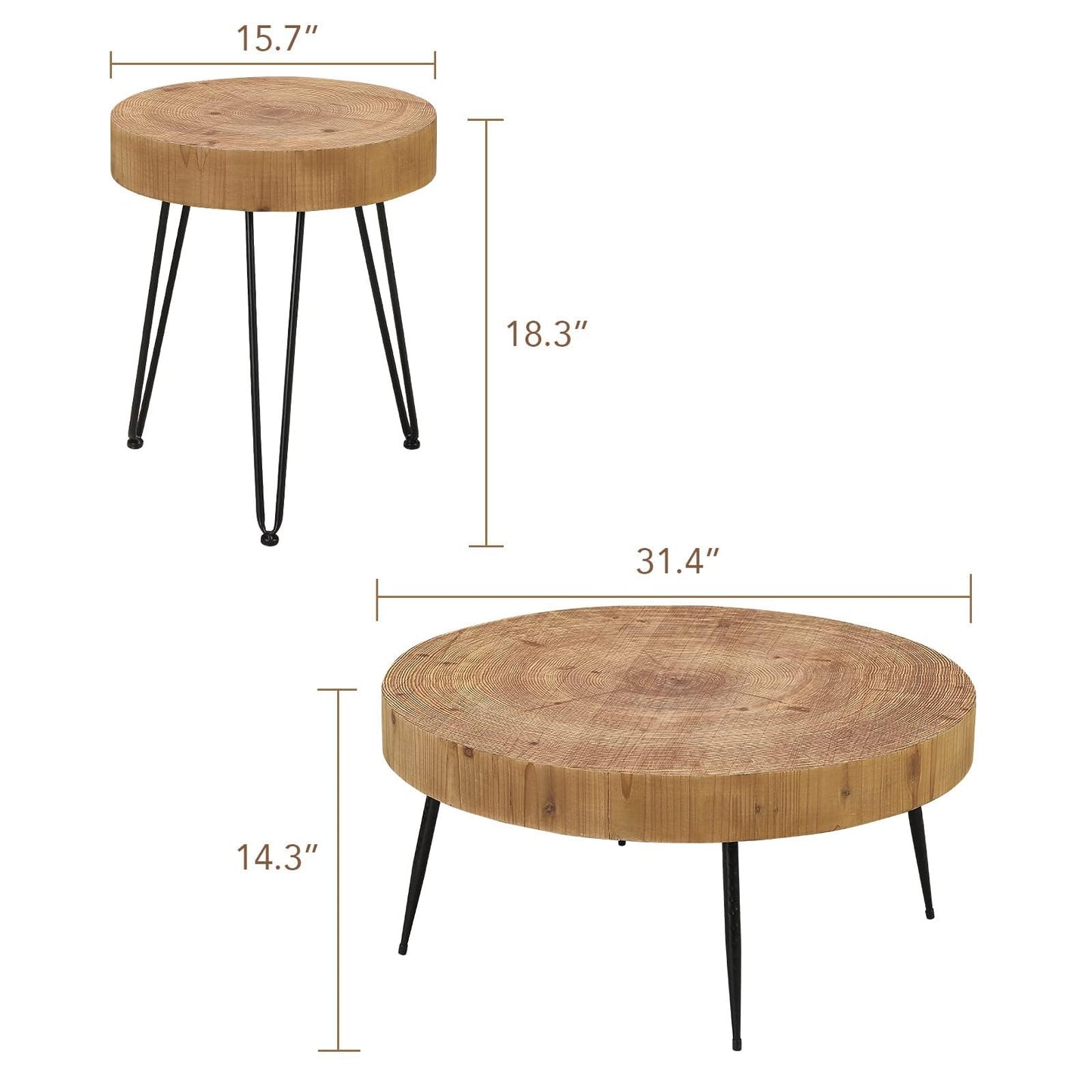 RUSTOWN Farmhouse Round Coffee Table Set of 2, Cocktail Table Set, Modern Circle Natural Wood Finsh Side and End Table Sets for Living Room(Planar, Natural)