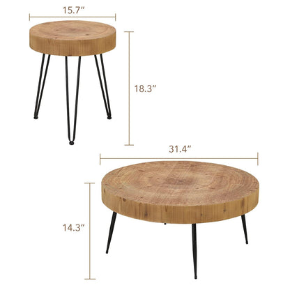 RUSTOWN Farmhouse Round Coffee Table Set of 2, Cocktail Table Set, Modern Circle Natural Wood Finsh Side and End Table Sets for Living Room(Planar, Natural)