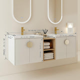Goderfuu 60" Bathroom Vanity with Double Sink, Floating Bathroom Vanity with Ceramic Basin, White Wall Mounted Bathroom Vanity Cabinet, 60 inch Bathroom Vanities with 4 Doors and Open Storage Shelves Goderfuu