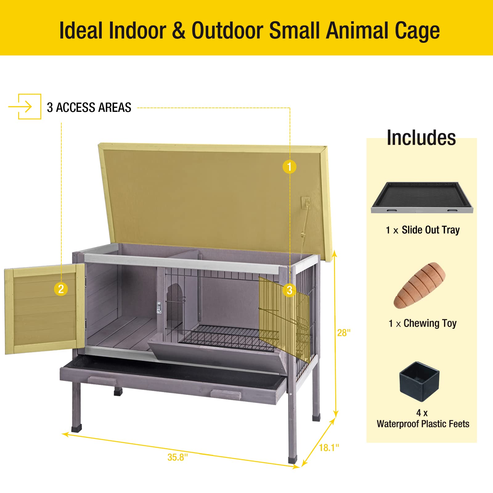 Aivituvin Outdoor Rabbit Hutch, Wooden Bunny Cages Indoor with Deeper Leakproof Tray - Upgrade with Metal Wire Pan - WoodArtSupply