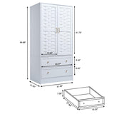 LEVNARY Armoire Wardrobe Closet with 2 Woven Doors, Wardrobe Cabinet with 2 Storage Drawers and Hanging Rail, Freestanding Wooden Closet for Bedroom (White) LEVNARY