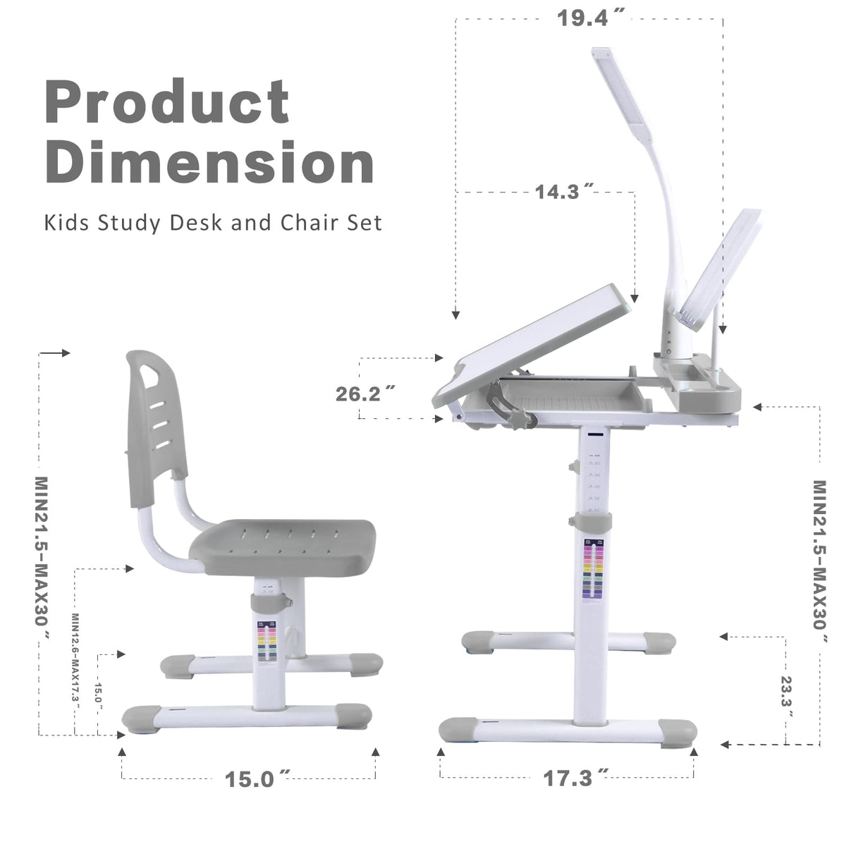 Napfox Desk for Kids Desk and Chair Set Kids Art Desk Drafting Table Desk Set with Adjustable Height, 40-Degree Tiltable Children Desktop, LED Light,Bookstand,Grey Napfox