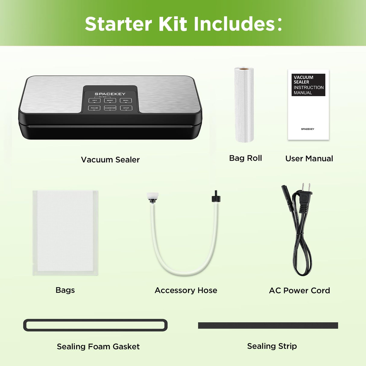 SPACEKEY Vacuum Sealer Machine, 85Kpa Food Sealer with Bag Roll Storage Space, 8-in-1 Food Vacuum Machine, Pulse Function, Dry&Moist Modes, Built in Cutter, Bag Roll included, Silver Spacekey