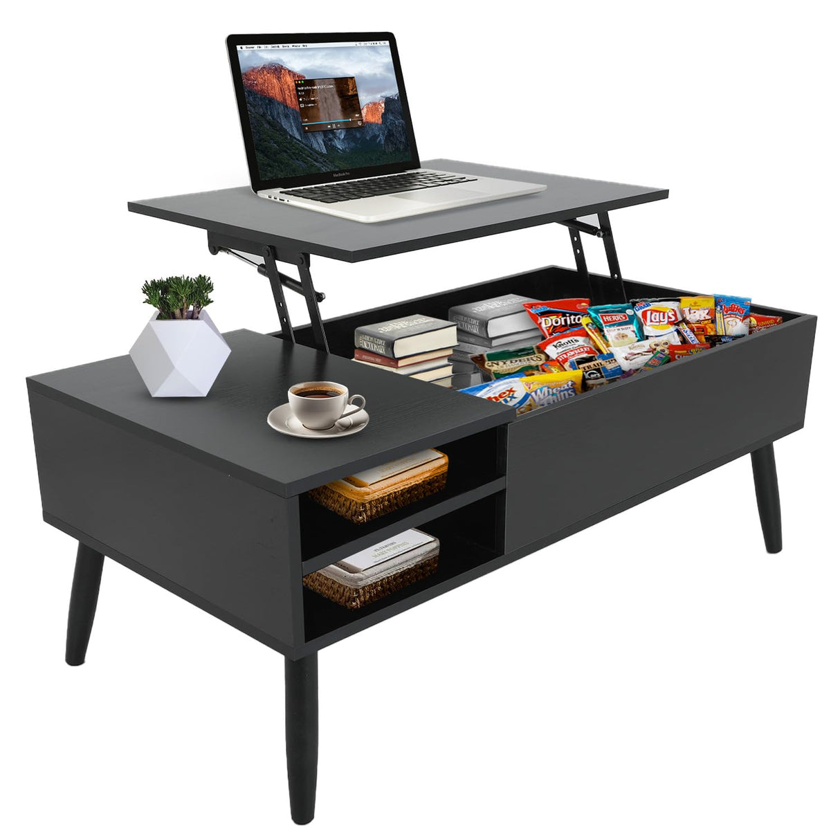 MGHH Wood Lift Top Coffee Table with Hidden Compartment & Adjustable Storage Shelf, Side Tables Lift Tabletop Dining Table for Home Living Room, Office, Reception Room, Black MGHH