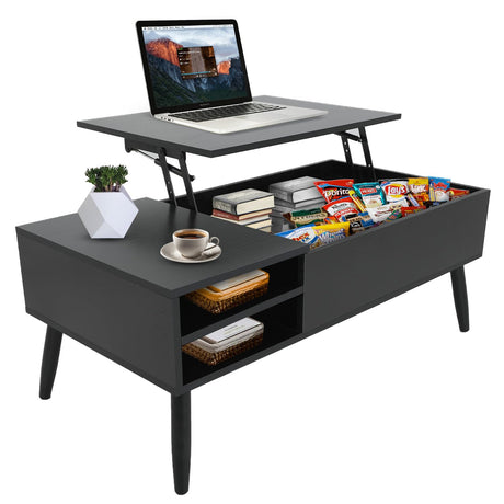 MGHH Wood Lift Top Coffee Table with Hidden Compartment & Adjustable Storage Shelf, Side Tables Lift Tabletop Dining Table for Home Living Room, Office, Reception Room, Black MGHH