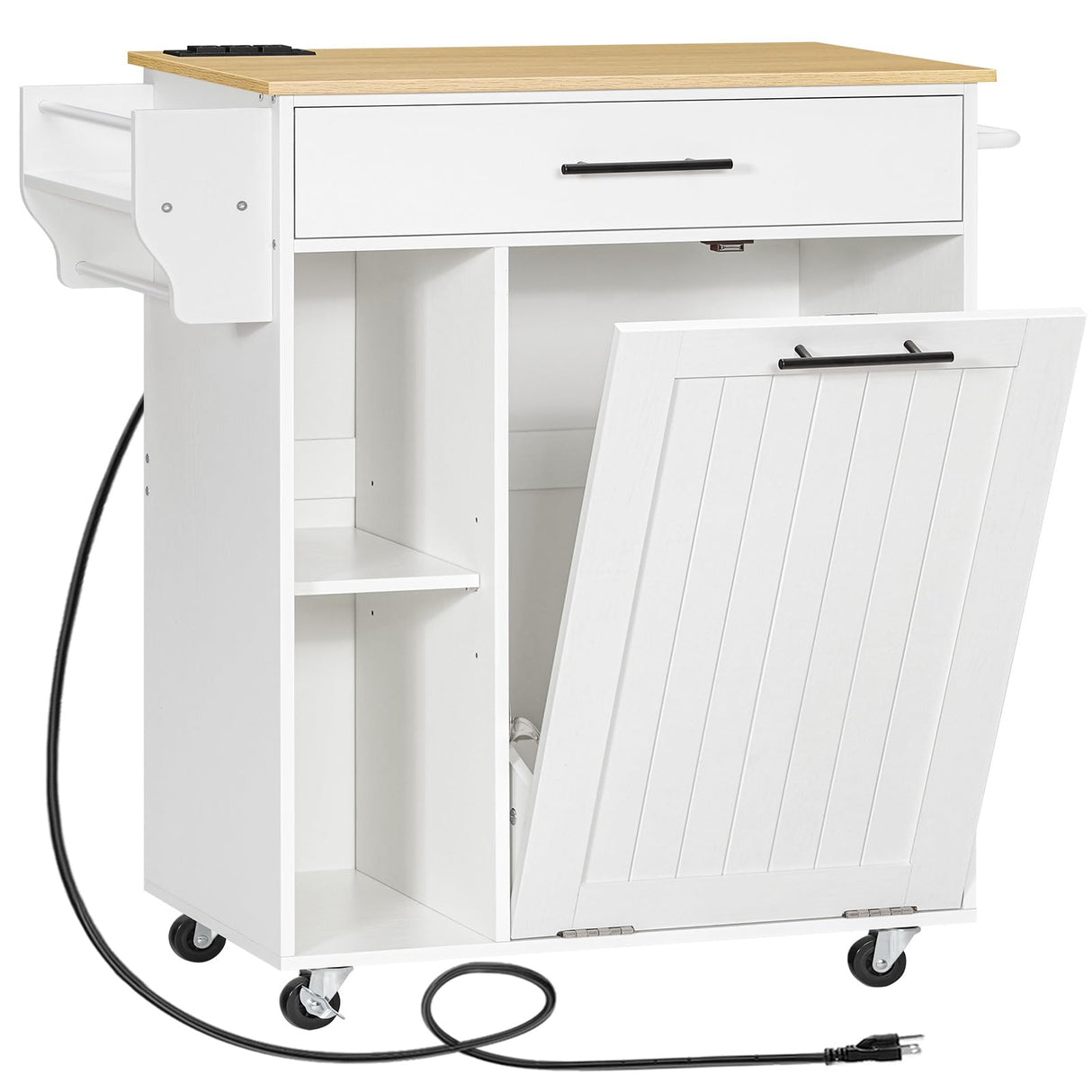 HOOBRO Kitchen Island with Trash Can Storage, Rolling Kitchen Island on Wheels, Kitchen Storage Island with Power Outlet, Mobile Islands Table for 10 Gallon Garbage Bin, White and Natural WN80UZD01 HOOBRO
