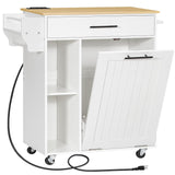 HOOBRO Kitchen Island with Trash Can Storage, Rolling Kitchen Island on Wheels, Kitchen Storage Island with Power Outlet, Mobile Islands Table for 10 Gallon Garbage Bin, White and Natural WN80UZD01 HOOBRO