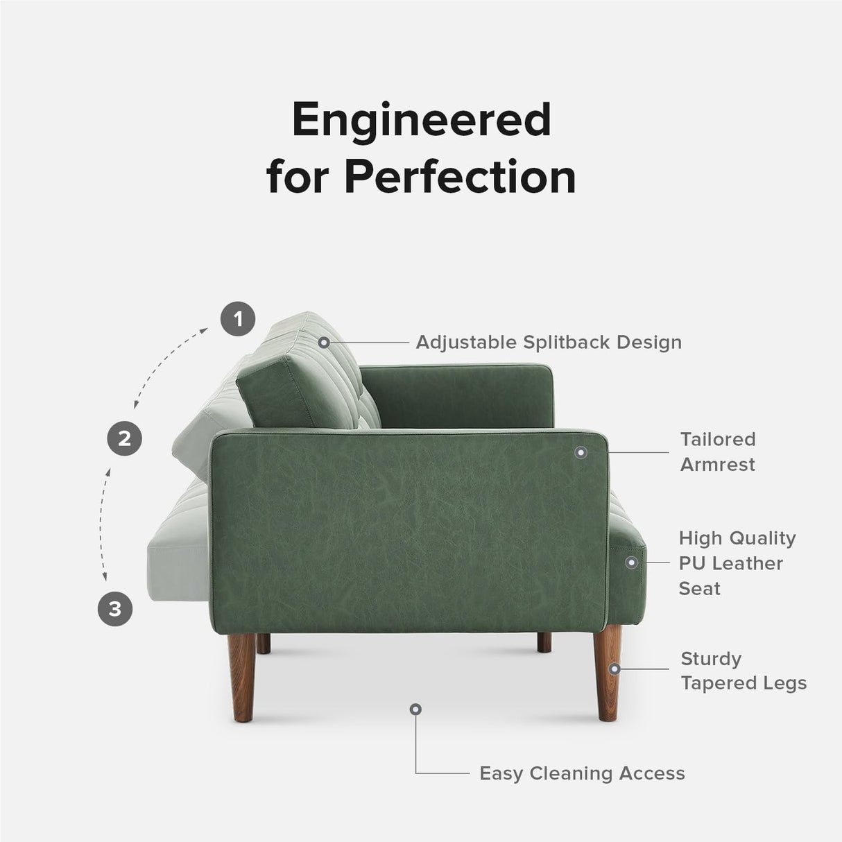 mopio Aaron 76.8" Couch, Small Futon Sofa Bed, Sleeper, Loveseat, Mid Century Modern Futon Couch, Sofa Cama, Couches for Living Room, Bedroom (Sage Green, Faux Leather) mopio