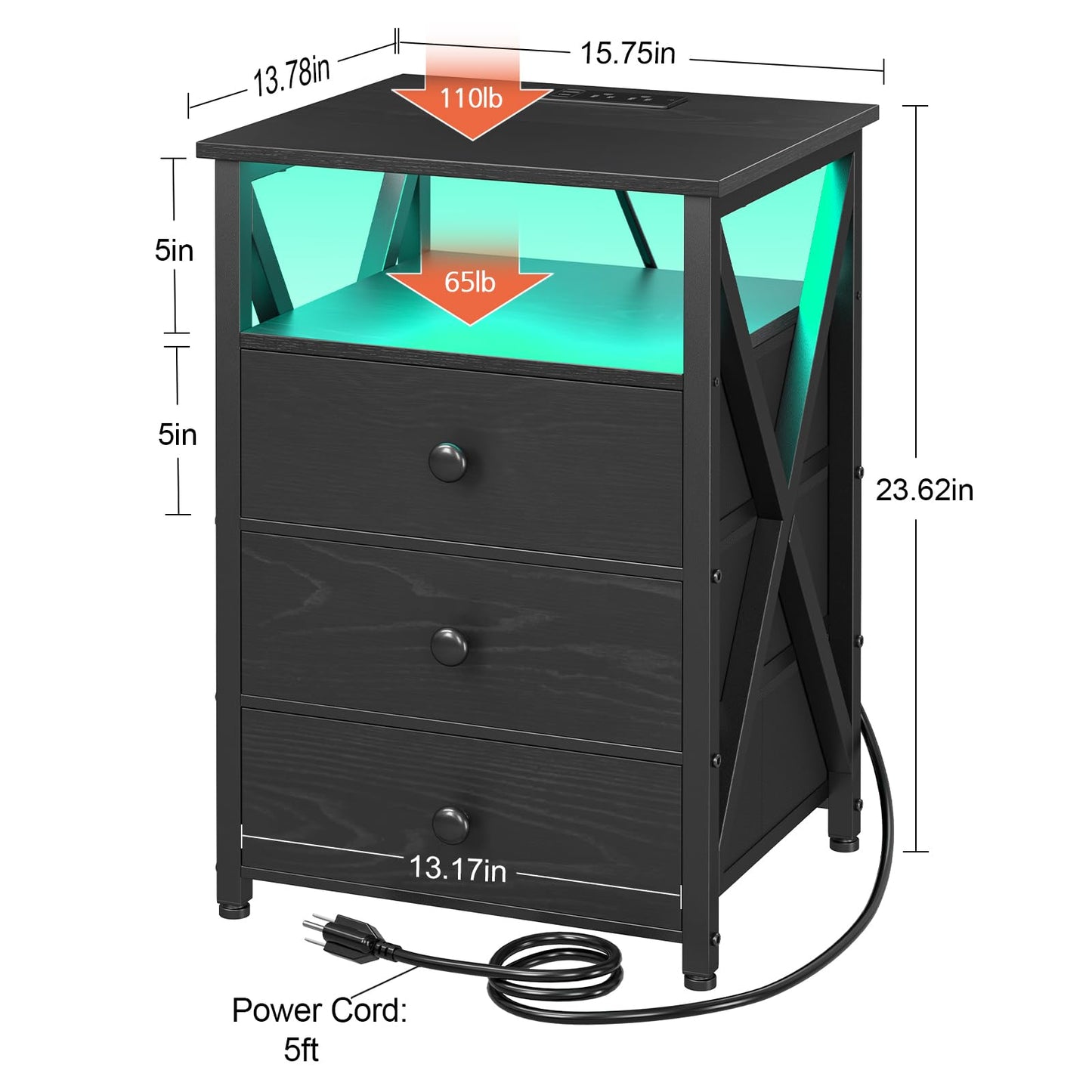 AMHANCIBLE Night Stand Set 2, LED Nightstand with Charging Station, End Side Tables with USB Port & Outlet, Bedside Table with Fabric Drawers for Bedroom Living Room, Black, HET053LBK - WoodArtSupply