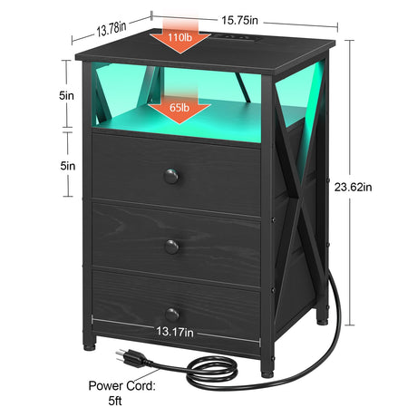 AMHANCIBLE Night Stand Set 2, LED Nightstand with Charging Station, End Side Tables with USB Port & Outlet, Bedside Table with Fabric Drawers for Bedroom Living Room, Black, HET053LBK AMHANCIBLE