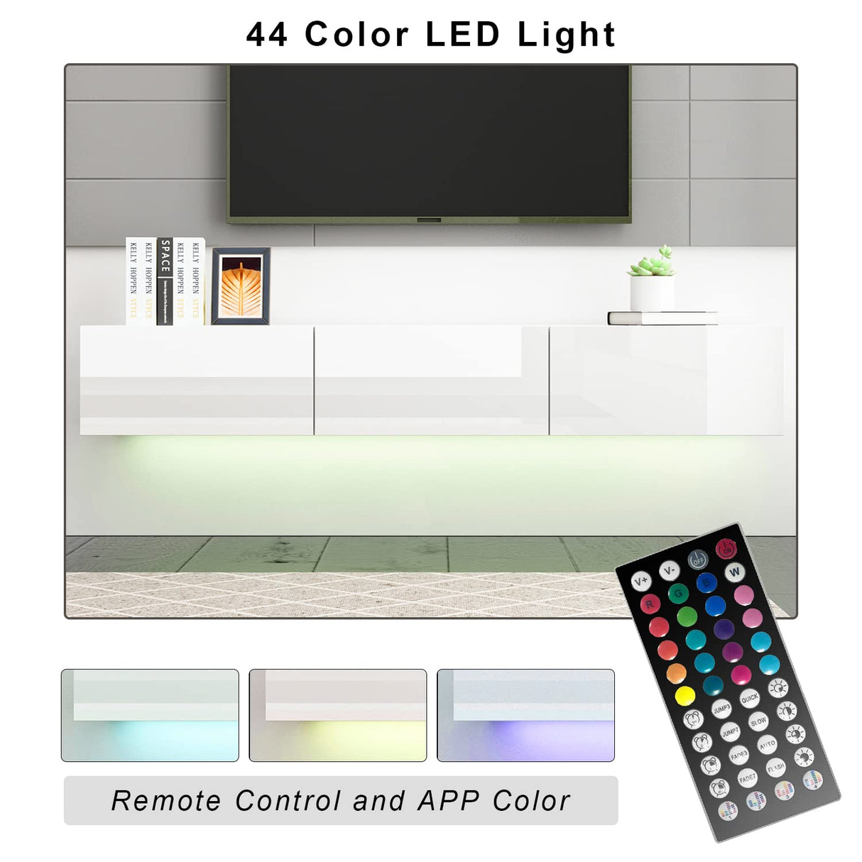 Homsee Floating LED TV Stand for TVs up to 70", Wall Mounted Wood Media Console with Glossy Surface & LED Lights, Modern Entertainment Center with 3 Drawers for Living Room, Bedroom, White Homsee