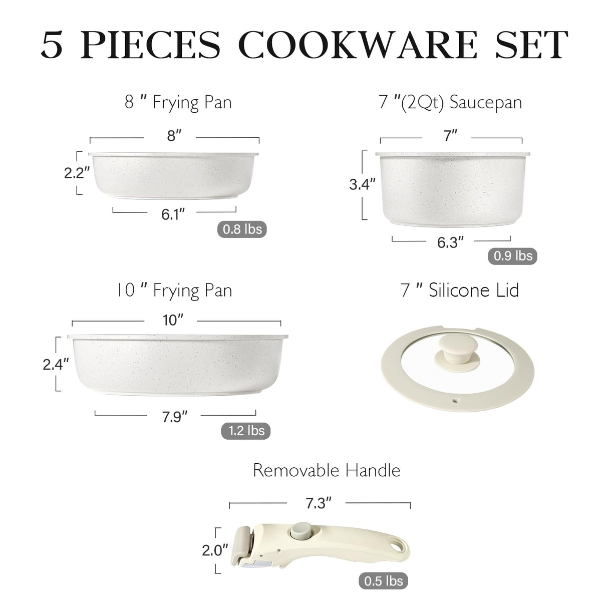 GiPP 5Pcs Pots and Pans Set Non Stick, Cookware Sets Nonstick Detachable Handle, Induction Kitchen Set Removable Handle, RV Cookware set, Oven Safe GiPP