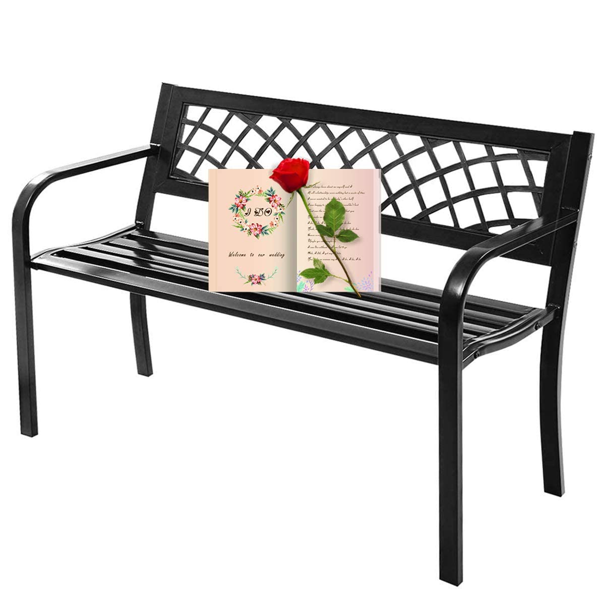 BestShop Patio Bench - Outdoor Metal Garden Bench with Armrests, 480lbs, Cast Iron, Sturdy Steel Frame, Black BestShop