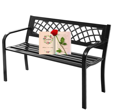 BestShop Patio Bench - Outdoor Metal Garden Bench with Armrests, 480lbs, Cast Iron, Sturdy Steel Frame, Black BestShop