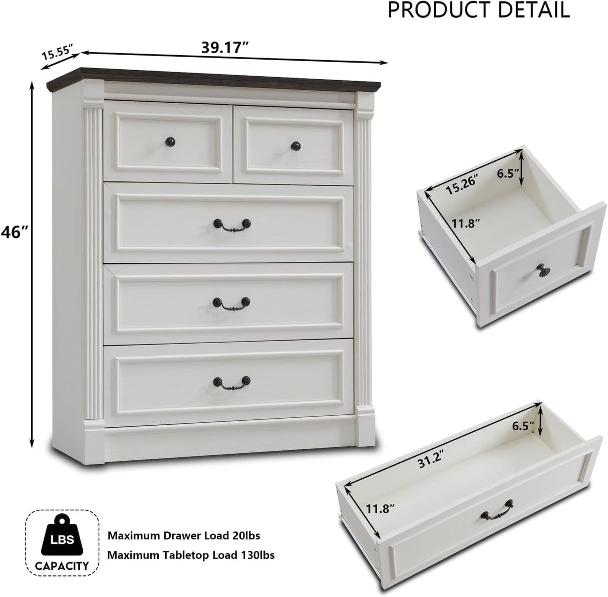 Aitjunz Farmhouse 5 Drawers Dresser for Bedroom, 46" Tall Dressers & Chests of Drawers w/Roman Column, Large Storage Dressers Organizer for Bedroom, Hallway, Living Room, White Aitjunz