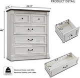 Aitjunz Farmhouse 5 Drawers Dresser for Bedroom, 46" Tall Dressers & Chests of Drawers w/Roman Column, Large Storage Dressers Organizer for Bedroom, Hallway, Living Room, White Aitjunz