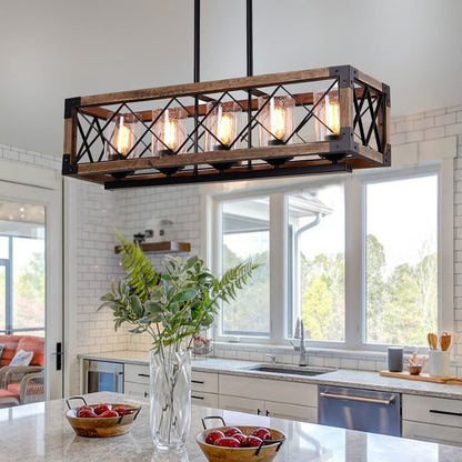 Giluta Rectangle Wood Metal Pendant Light Kitchen Island Chandelier Black Finish Rustic Industrial Chandelier Vintage Ceiling Light Fixture 5 Lights with Glass Shade (17810)