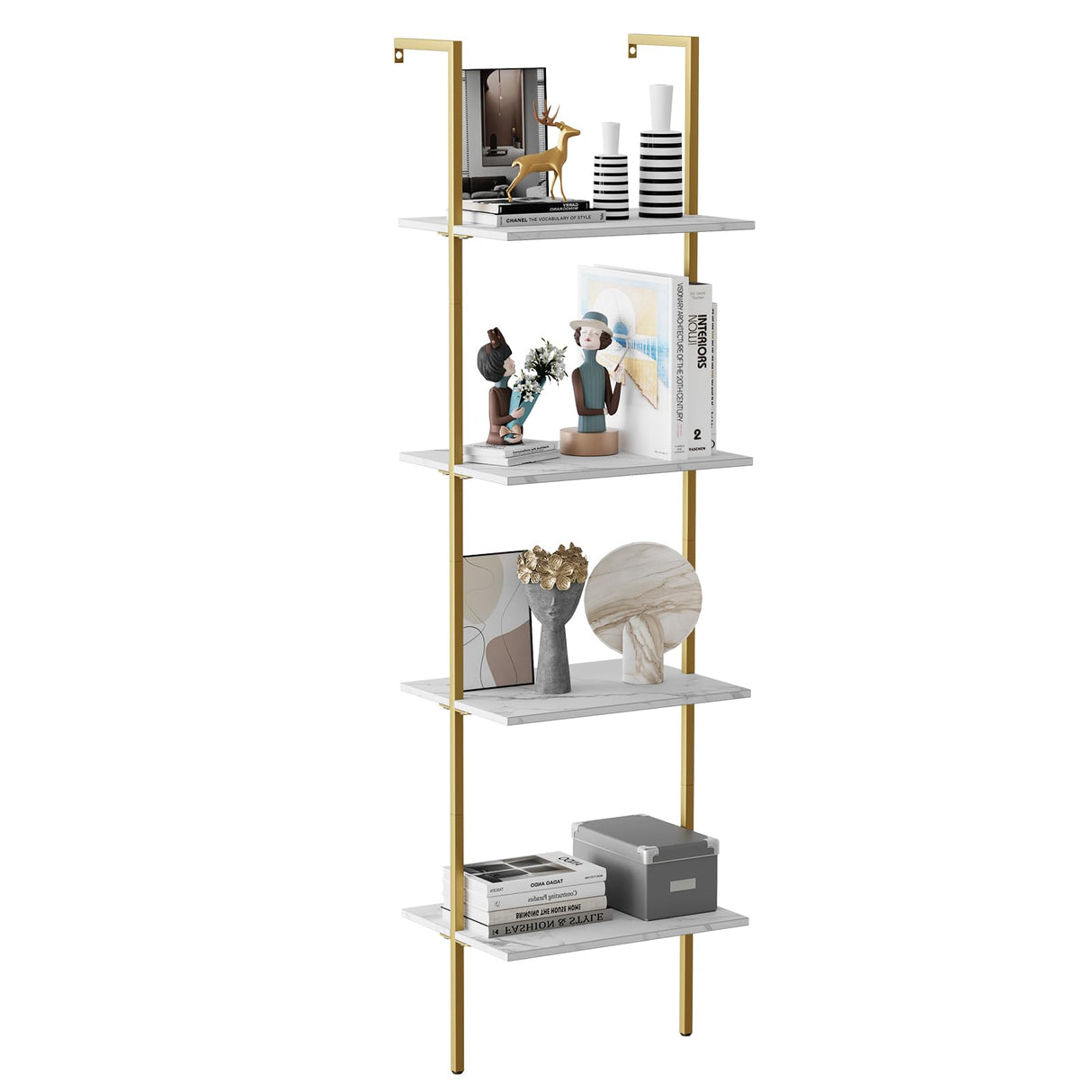 Wolawu Ladder Shelf 4 Tiers Metal Industrial Bookshelf,White Marble Wood Tall Open Storage Rack and Display Shelves,Wall Mount Wide Book Case for Home Office Bedroom,Small Wolawu