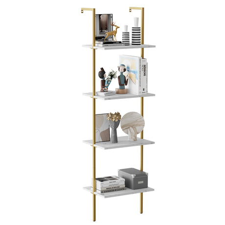 Wolawu Ladder Shelf 4 Tiers Metal Industrial Bookshelf,White Marble Wood Tall Open Storage Rack and Display Shelves,Wall Mount Wide Book Case for Home Office Bedroom,Small Wolawu