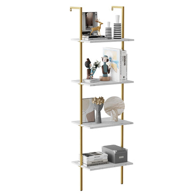 Wolawu Ladder Shelf 4 Tiers Metal Industrial Bookshelf,White Marble Wood Tall Open Storage Rack and Display Shelves,Wall Mount Wide Book Case for Home Office Bedroom,Small