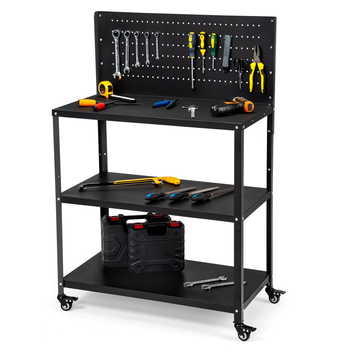 OLBRUS 50.4 X 33.4 Inch Workbench,Heavy Duty 200LBS Steel Work Bench with Pegboard and Lockable Wheels, Rolling Tool Storage Work Table for Garage Workshop Warehouse (50.4" X 33.4") OLBRUS