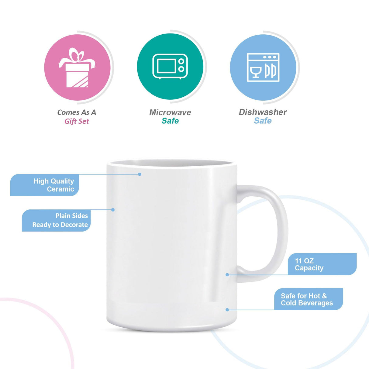 BLUE RIBBON White Sublimation Plain Blank Coffee Mugs, Hot Chocolate Mugs, Ceramic Mugs, Hot Cocoa Mugs, Mug Sets, Gift Pack of 2 11 oz BLUE RIBBON