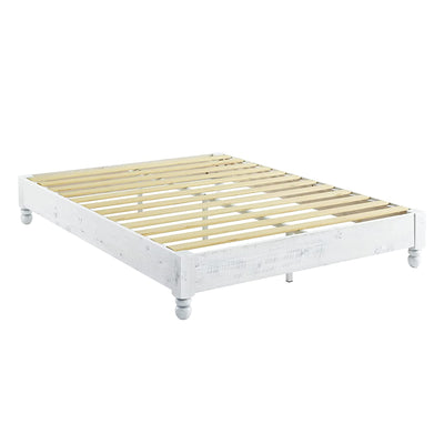 MUSEHOMEINC Queen Solid Wood Platform Bed Frame with Rustic White Washed Finish