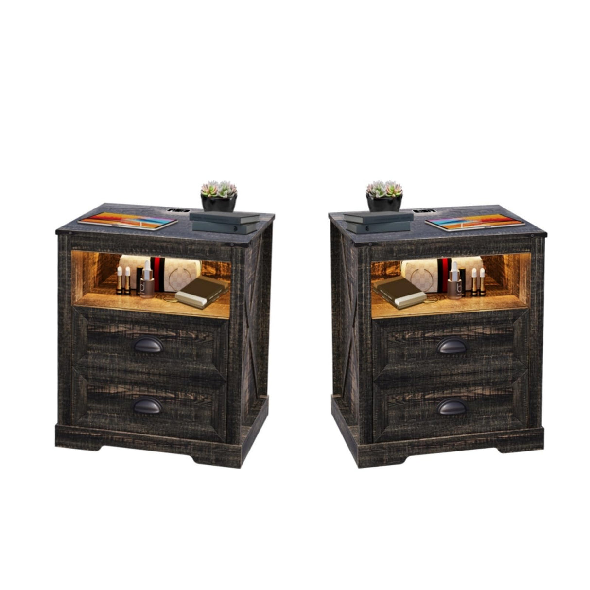 FONTOI Farmhouse Nightstand, End Table with Drawers & Charging Station, Bedside Table with 3 LED Lights Modes, Wood Nightstand with Smart Human Sensor for Bedroom, Brown, Set of 2 FONTOI