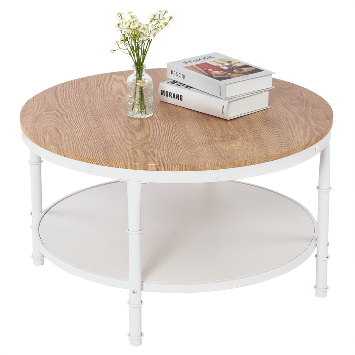 VINGLI 31.5" Natural White Round Farmhouse Coffee Table, 2-Tier Storage Wood Center Circle Accent Table for Living Room, Bedroom, Apartment, Studio and Small Spaces, Sturdy Metal Frame, Natural Color VINGLI