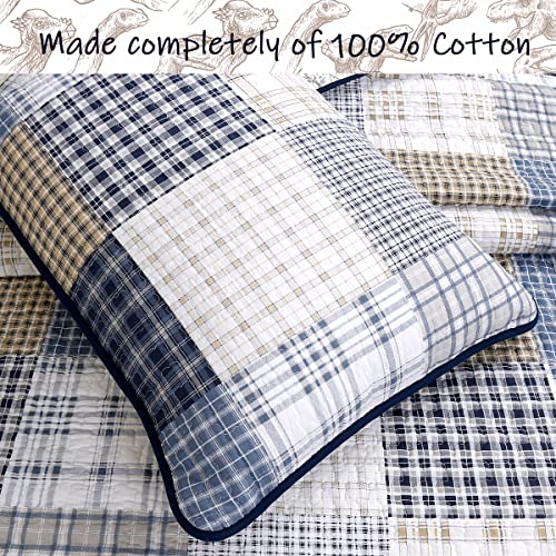 Cozy Line Home Fashions Benjamin Cute Dinosaur Plaid Navy Blue White Grey Bedding Quilt Set 100% Cotton Reversible Coverlet Bedspread Set for Kids Boy(Twin - 2 Piece) Cozy Line Home Fashions