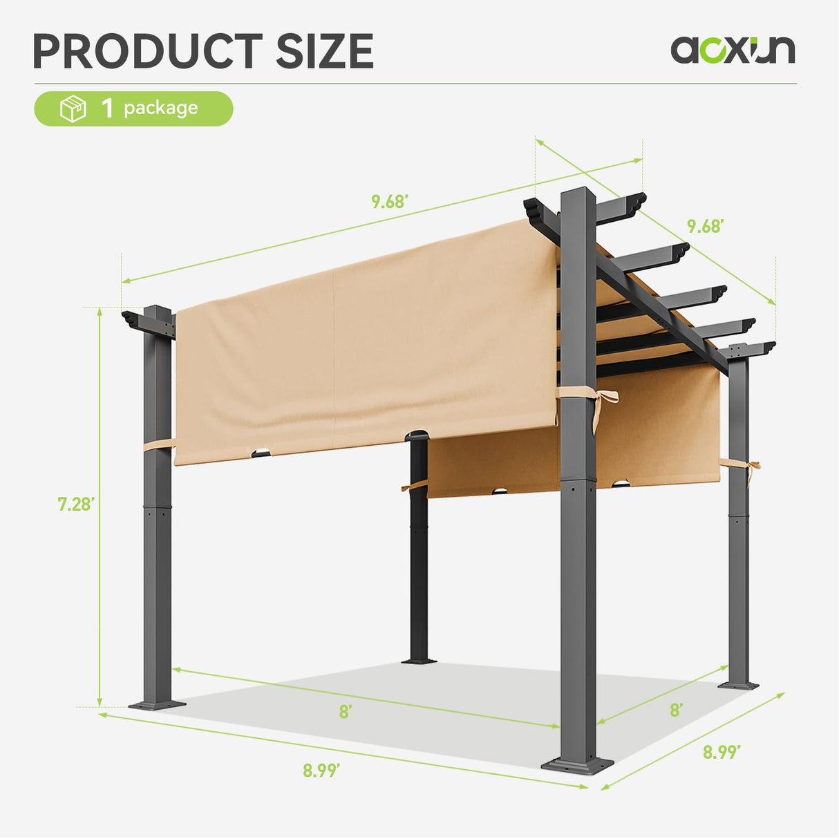 Aoxun 10'x10' Outdoor Pergola, Retractable Adjustable Roof, Aluminum Sun Shade Canopy, Modern Metal Patio Brown Shade Cover for Garden, Backyard and Deck Aoxun