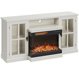 JUMMICO Fireplace TV Stand for TVs up to 65'', 3-Sided Glass Media Entertainment Center Console Table with Cabniet Storage Adjustable Flame LED Color for Living Room (Distressed White) JUMMICO