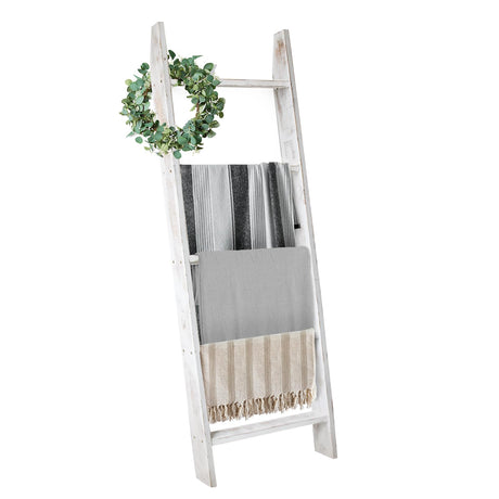 Honest Blanket Ladders for The Living Room, 5-Tier Blanket Holder, Wall-Leaning Blanket Rack, Ladder Shelves, Wooden Quilt Ladder, Farmhouse Decor, White HONEST OUTFITTERS