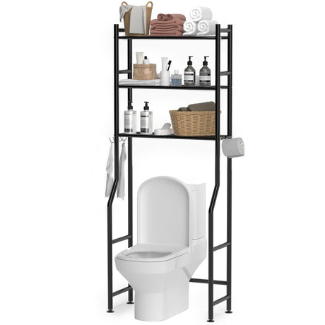 GloTika 3-Tier Over The Toilet Storage, Space Saver Metal Bathroom Shelves, Freestanding Above Over Toilet Storage Shelf with 4 Hooks for Bathroom, Black GloTika