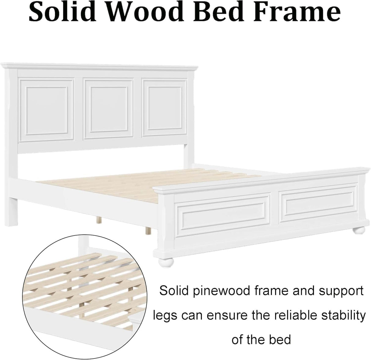 MoproBeti Farmhouse King Bed Frame with Tall Headboard and Footboard, Pinewood King Panel Bed with Under Bed Storage, Noise-Free, No Box Spring Needed, Traditional Style, White MoproBeti