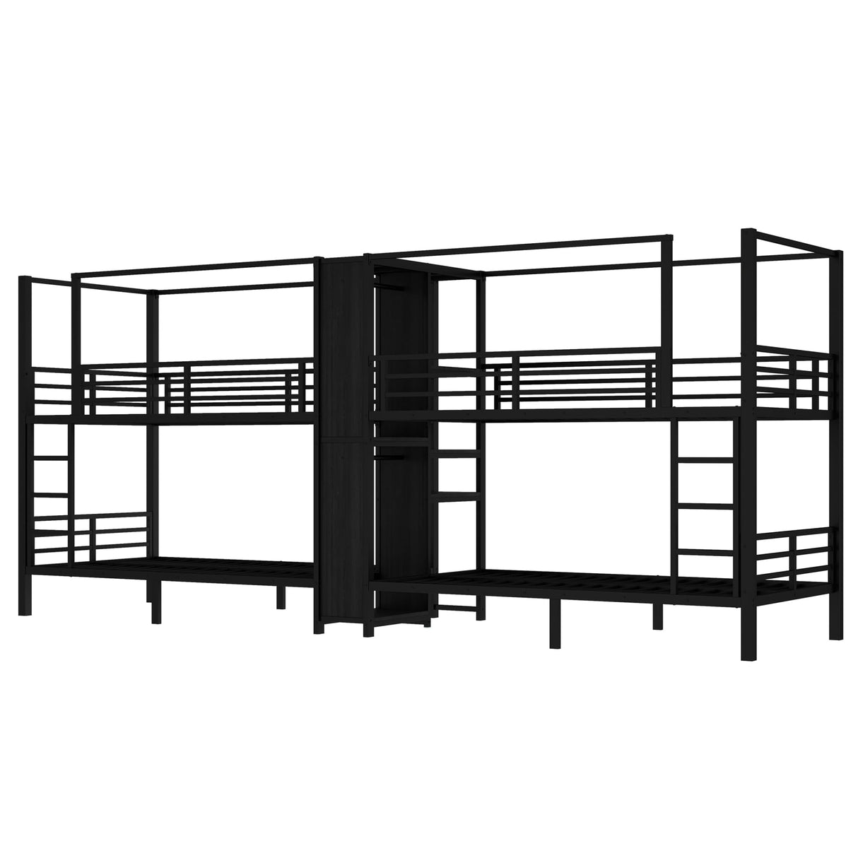 TCMILA Twin Over Twin Quadruple Bunk Bed for 4 Boys, Girls, Adults, Heavy-Duty Metal Bed Frame with Storage Shelves and Wardrobe, Space Saving, No Box Spring Needed, Black TCMILA