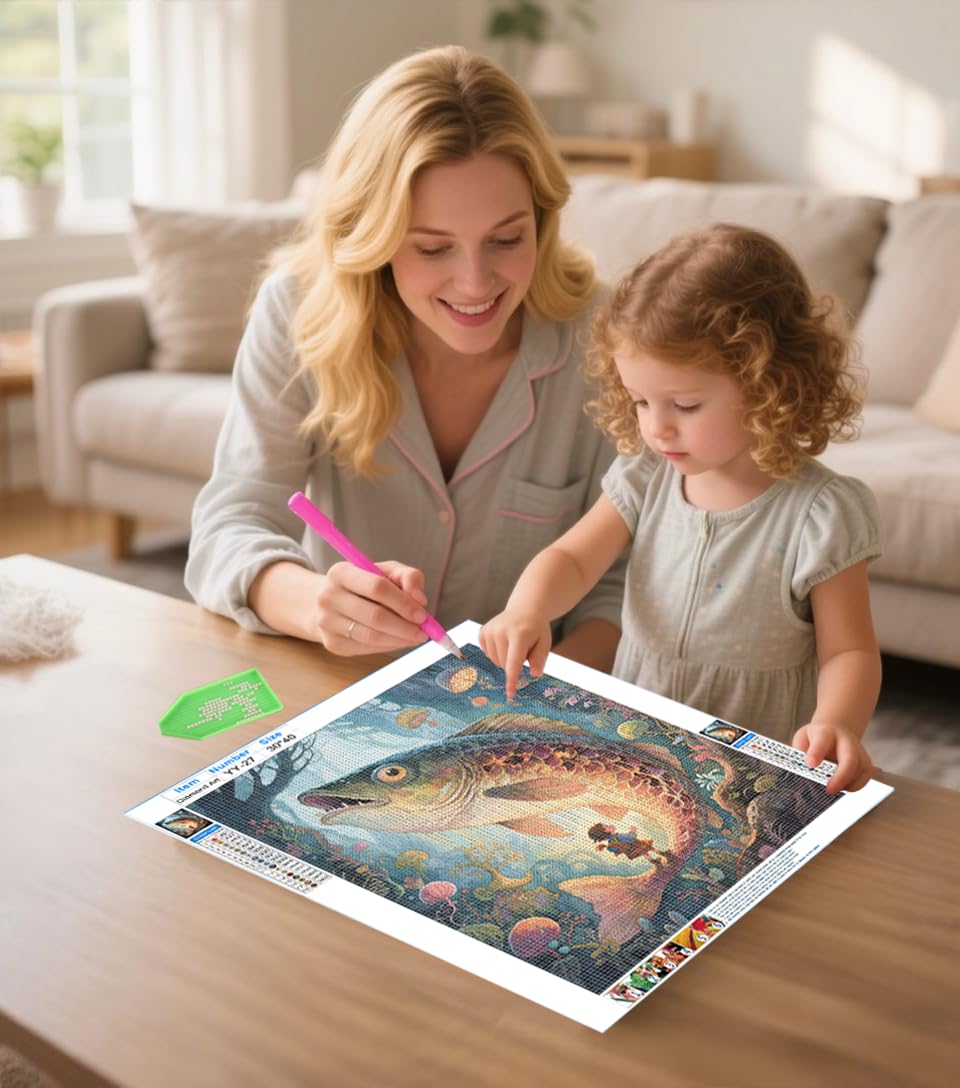 Big Fish 5D Diamond Painting Kit for Adults，The Giant Fish in The Enchanted Forest Full Drill DIY Round Gem Art Diamond Art Kits Painting Crafts Ideal for Beginners and Home Wall Decor 12X16inch PUSHPIN PAINTING