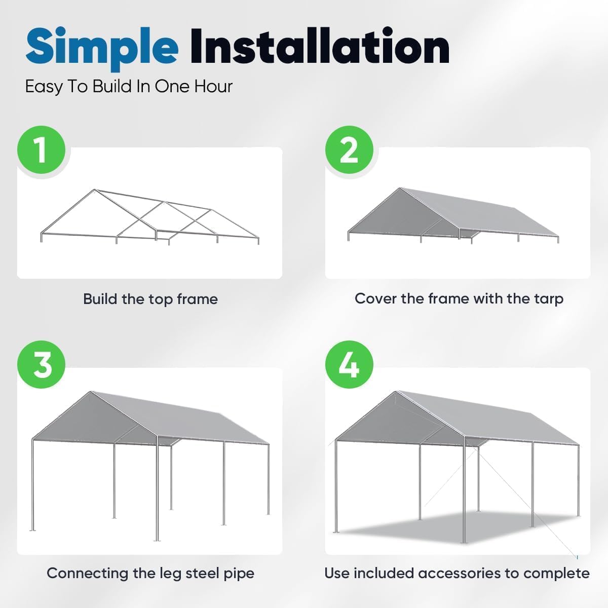 Quictent 10x15 ft Heavy Duty Car Canopy Galvanized Frame Carport Outdoor Party Tent Boat Shelter with 3 Reinforced Steel Cables - Grey Quictent