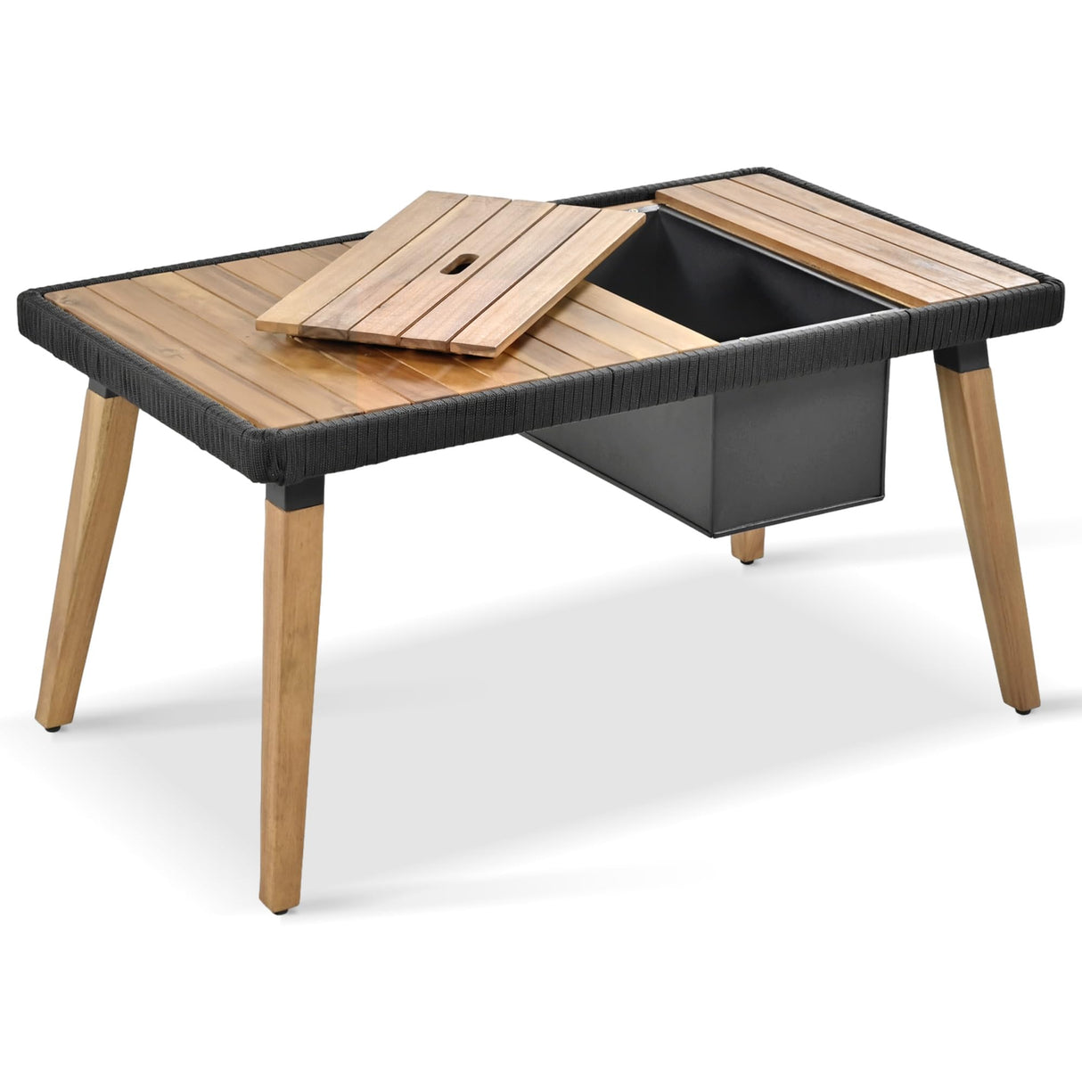 LZ LEISURE ZONE 6-Piece Beige Patio Conversation Set with Acacia Wood Cool Bar Table and Rope Weaving Chairs LZ LEISURE ZONE