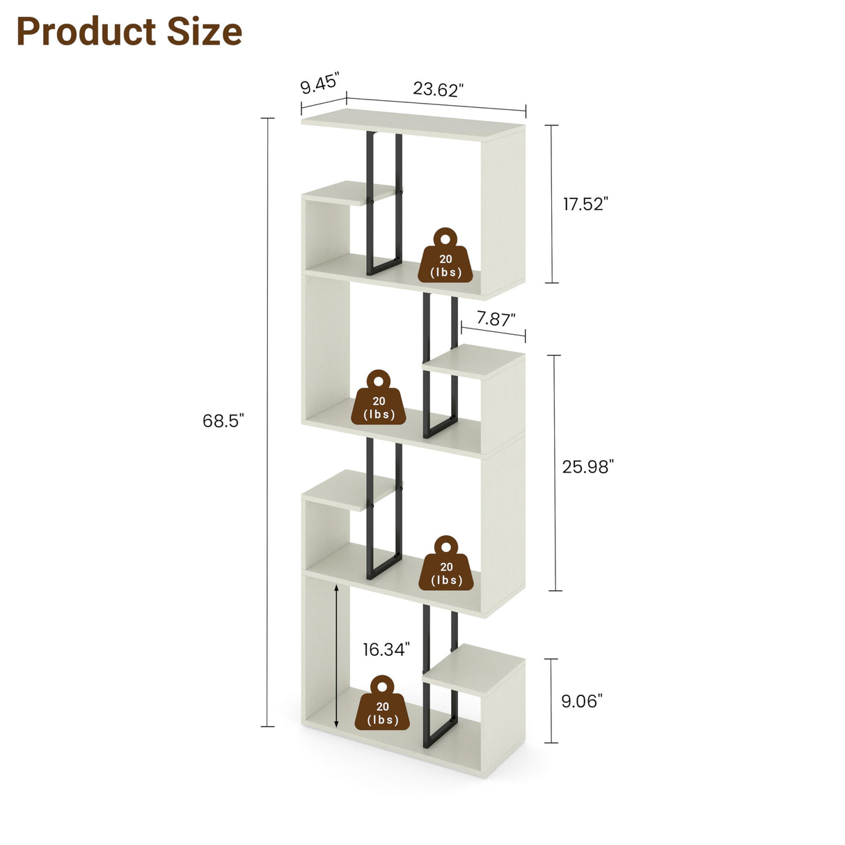 Manora 4 Tier Geometric Bookcase, S Shaped Bookshelf, Modern White Bookcase with Tall Display Shelves, Decorative Storage Shelf for Living Room and Bedroom Manora
