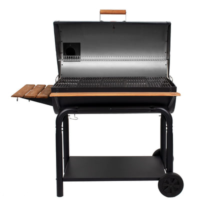 Char-Griller® Outlaw Charcoal Grill and Smoker with Cast Iron Grates, Warming Rack, Premium Wood Shelves and 950 Cooking Square Inches in Black, Model 2137