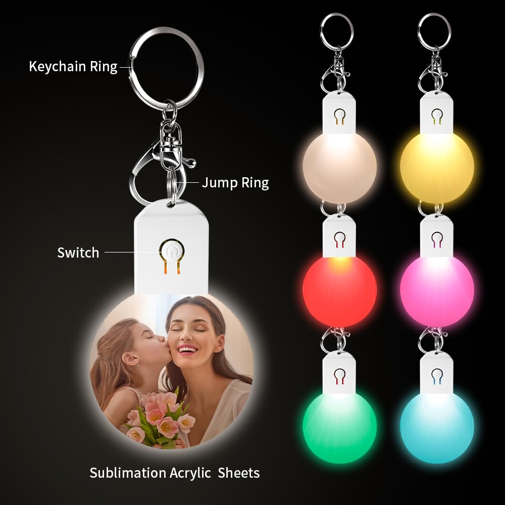 PYD Life 12 Pack Sublimation LED Keychains Acrylic Blanks Round White 2.3" x 2.1",1/6" Thick(4 mm) Light Up 7 Colors Sublimation Night Light Blanks