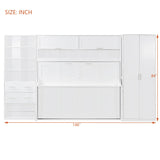 SOFTSEA Full Size Murphy Bed with Desk, Horizontal Murphy Bed with Storage Wardrobe Drawers and Shelves, Hidden Wall Bedframe for Guest Room, Bedroom, Office, White SOFTSEA