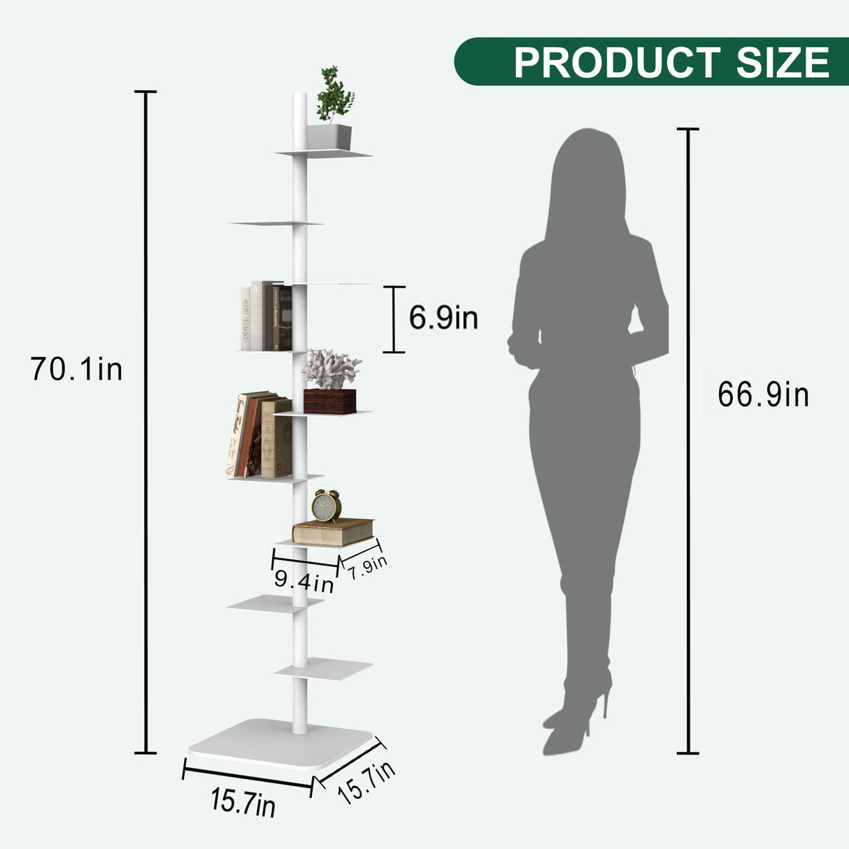 LXSEHN 9 Tier Metal Spine Bookshelf Tower, Adjustable Vertical Spine Book Tower Floor, Metal Vertical Bookshelf for Study Room,Living Room,Office,Bedroom (White) LXSEHN