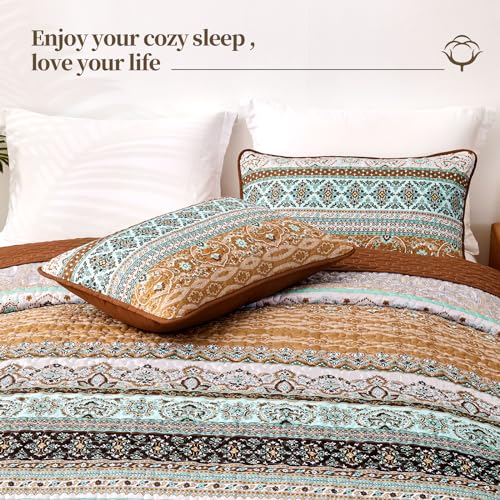 WONGS BEDDING Boho Fall Quilt Set Twin, Brown Bohemian Quilt Bedding Set, Ultra Soft Lightweight Bedspread for All Season Reversible Microfiber Coverlet Bedding Set 68"x86"(3 Pieces) WONGS BEDDING