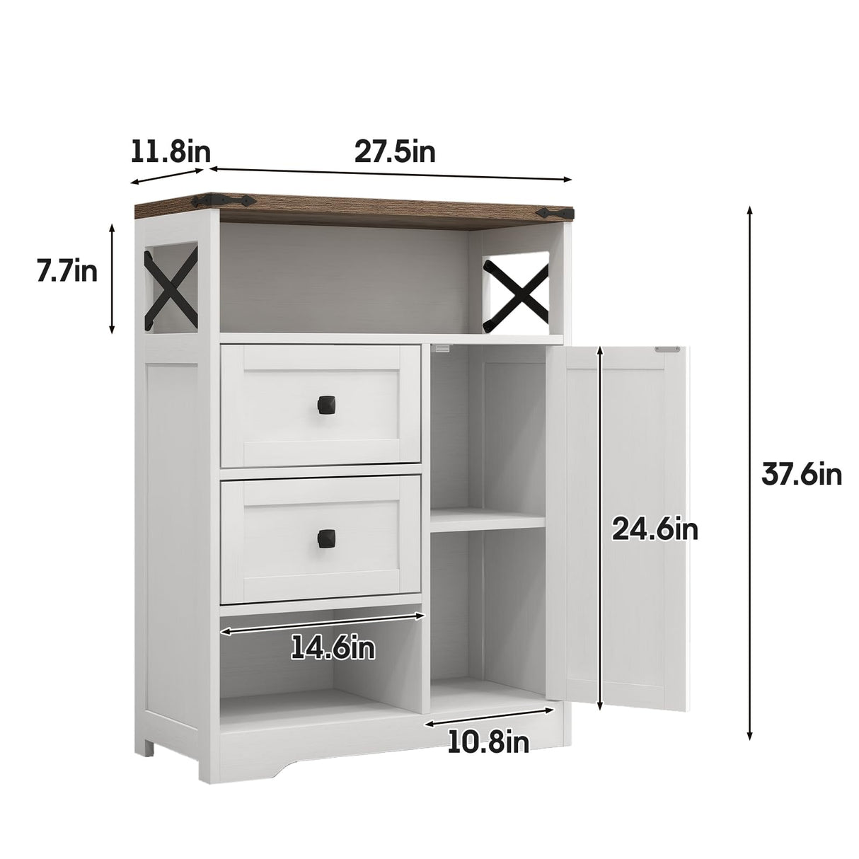 Fameill White Farmhouse Storage Cabinet with 2 Drawers & Shelves,Freestanding Storage Cabinet with Doors & Open Storage,Floor Storage Cabinet for Living Room,Bathroom,Kitchen,Laundry Fameill