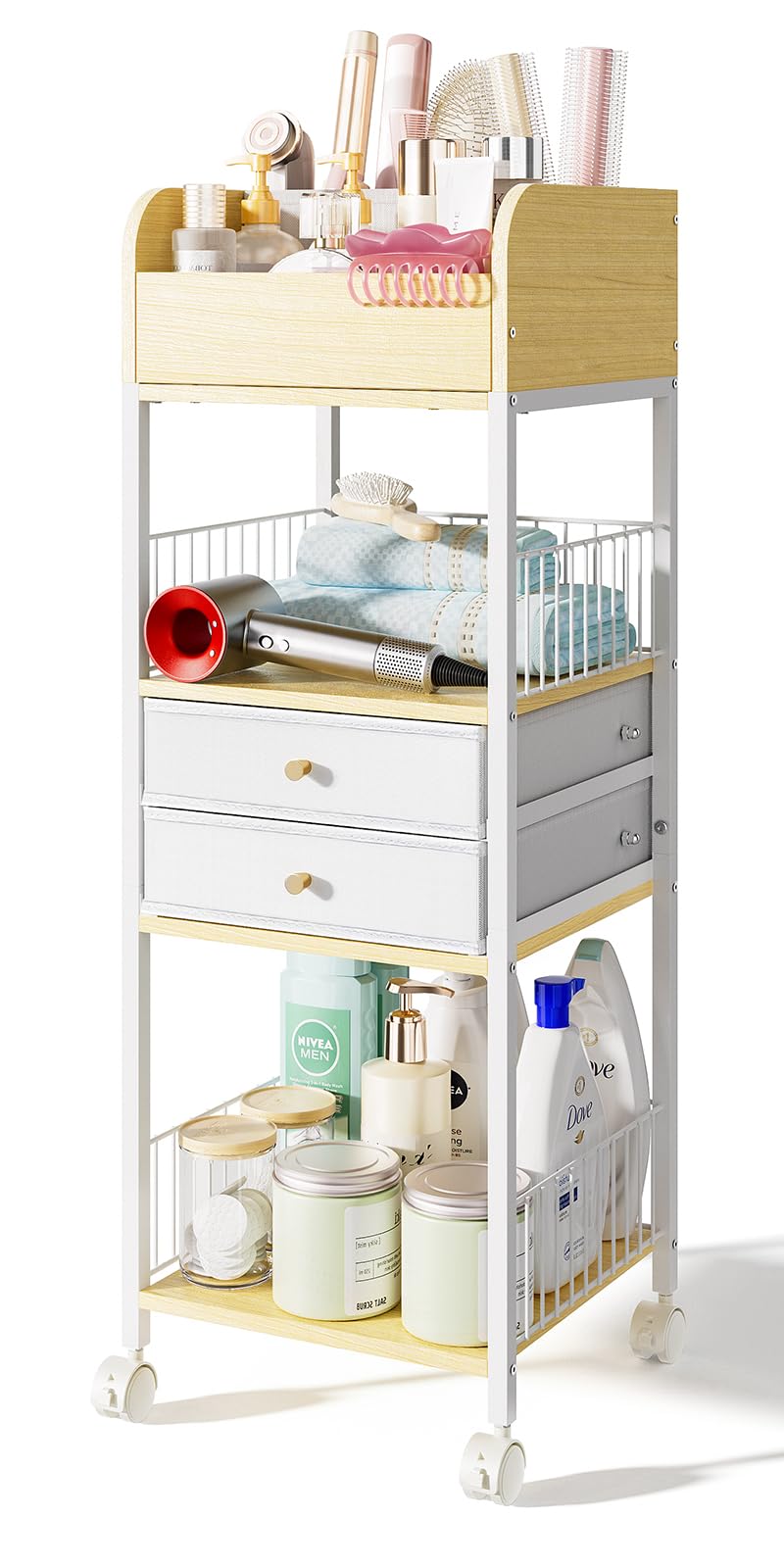 Makeup Organizer Cart with 2 Drawers, Rolling Bathroom Organizers and Storage- Versatile Skincare Perfume Storage Vanity Organizer, Natural Wood and White Iron TidyStash