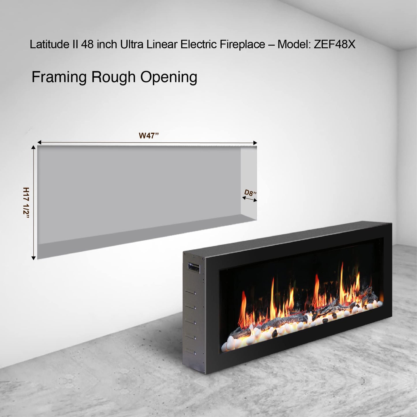 Litedeer Homes Latitude II 48" Smart HD LED Electric Fireplace with App, Adjustable Crackling Fire Sounds and Sparkles,5 Unique Realistic Flame, Black Fireplace (Model: ZEF48X)